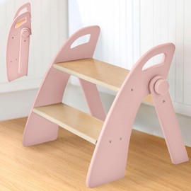 Reeple Wooden Step Stool, Two Step Stools, 300 lb. Load Capacity, with Safety Non-Slip Pads and Handles, Bamboo Step Stool for Bathroom and Kitchen, Children's Double Height Step Stools(Pink)