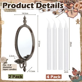 Jingmore 2 Pack Antique Metal Candle Sconces Candlestick Holder with 4 Pcs White Candle Wall Mounted Distressed with Oval Faded-looking Mirror Antique Gold Candlestick Holders for Living Room Bathroom