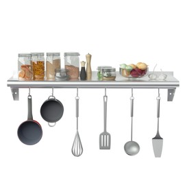 Treshin Stainless Steel Shelf with 6 Hooks 14 x 48 Inches, Commercial Wall Mount Floating Shelving Storage Pot Rack for Restaurant, Kitchen, Home, Bar and Hotel