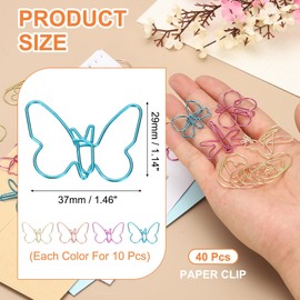 PATIKIL 40pcs Paper Clip, Butterfly Shape Paper Clip Small Cute Rust-Proof Metal Strong Durable Bulk for Office Home, 37mm, 4 Color