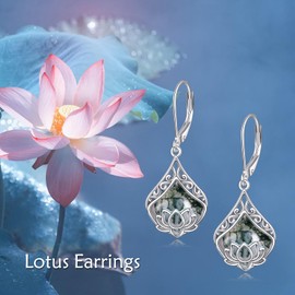 POPLYKE Lotus Flower Earrings 925 Sterling Silver Teardrop Leaf Moss Agate Dangle Earrings for Women Lotus Jewelry Birthday