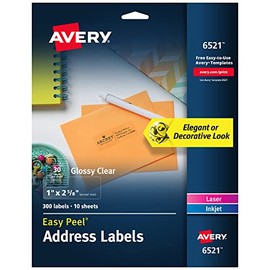 Avery Glossy Clear Address Labels, Sure Feed Technology, Laser/Inkjet, 1" x 2-5/8", 300 Labels, 5 Packs (6521)