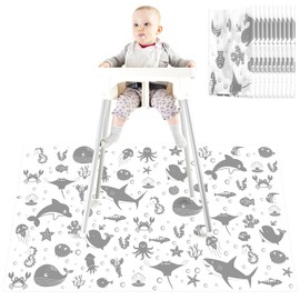 Drydiet 100 Pack 28"x47" Splat Mat for Under High Chair, Disposable Mats with Animals Print, Waterproof High Chair Mat Plastic Floor Mat Multipurpose Mat Baby Led Weaning Supplies (Sea Animal)
