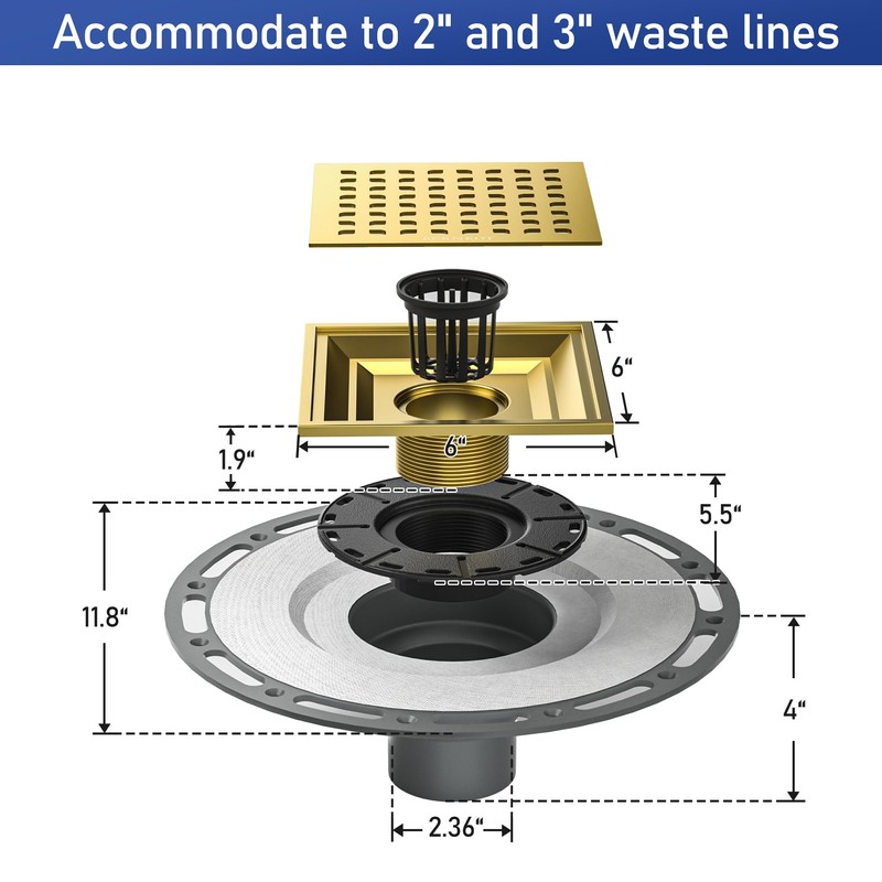 Bernkot Square Shower Drain 6" Polished Gold with PVC Bonding