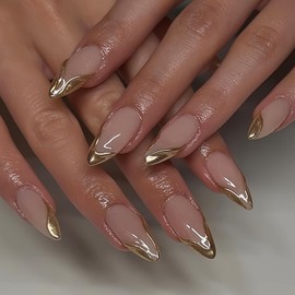 HOSAILY Gold French Tip Press on Nails Medium Almond, 3D Chrome Gold Design Full Cover Stick on Nails for Women, 24Pcs Glossy Soft Gel Nude Fake False Nails Stiletto Artificial Nails Kit