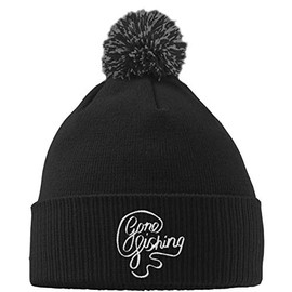 Hippowarehouse Gone Fishing Embroidered Beanie Hat with Bobble Black