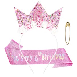 AYNKH Pink 6th Birthday Decorations for Girl, 6th Birthday Sash and Crown Headbany Girls Decorations Gift Party Accessories for Girls