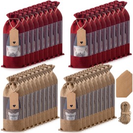 Sunnymove 36 Pcs Burlap Wine Bags Bulk Wine Bottle Gift Bags with Sheer Window Organza Drawstrings Tags & Ropes for Christmas Wedding Festival Tasting Party Favors, Reusable Gift Home Storage 750ml