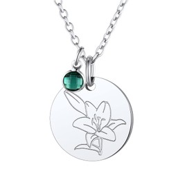 Birth Flower Disc Necklaces for Women s with May Birthstone Emerald Lily Guardian Month Floral Pendant Stainless Steel Dainty Round Coin Medal Jewelry Birthday Gifts for Mom