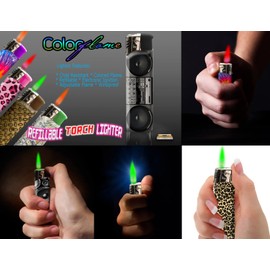 Amazing Color Flame Fire Butane Colorflame Colorful Torch Lighter Colored Flame Pocket Lighter Red Flame and Green Flame- 2 Pack Choose Your Assortment (Camouflage & Steelplate)