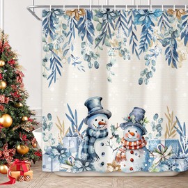 Winter Christmas Shower Curtain,Holiday Blue Snowman Bath Curtain for Xmas Gift, Eucalyptus Leaf Flower Floral Bathroom Accessories Curtain, Waterproof Washable Fabric 12 Pack Metal Hooks 70X70in