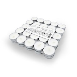 PRITOGO Tea lights, white, 38 x 12 mm, soot-free, burning time: 4 hours (pack of 50, aluminium), unscented