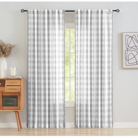 Pom Pom Check Curtains Grey White Gingham Plaid Curtain Panels for Kids Bedroom 54-Inch Farmhouse Pencil Pleat Buffalo Checkered Light Filtering Semi Sheer Window Treatments for Living Room, 40"w 2pcs