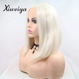 Xiweiya Short #60 White Bob Wig Synthetic Lace Front Wigs With Heat Resistant Fiber Platinum Color Soft Bob Wig for Women, Drag Queen Hair Replacement Wig 14 inch