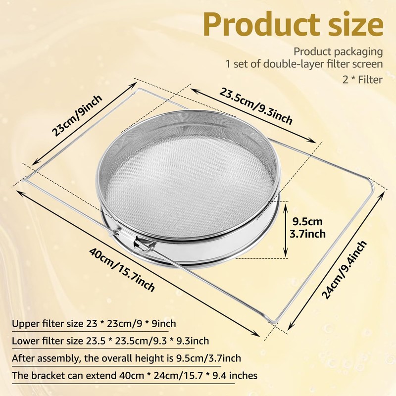 Double Sieve Honey Strainer with Extendable Arms, Stainless Steel Honey
