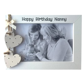 Handcrafted Happy Birthday Nanny Photo Frame Gift, 6x4 inches Landscape, Wooden Cream Hanging Hearts, Present For Nanny