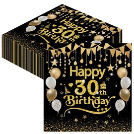 Xunerloy 30th Birthday Napkins, 48PCS Happy 30th Birthday Black Gold Disposable Serviettes for Men Women Him Her Anniversaries Decoration