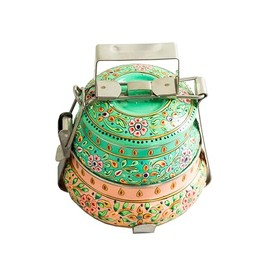 Handmade Stainless Steel Tiffin Box (Green top & Peach base, Two Tiers)