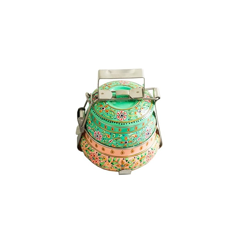 Handmade Stainless Steel Tiffin Box (Green top & Peach base,