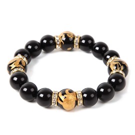 Kyozudou Power Stone, Natural Stone, Shijin Amulet, Amulet Men's Bracelet, Blue Dragon, White Tiger, Suzakaku, Basalt (Shijin Gold Carved Onyx x Onyx, 6.7 inches (17 cm)