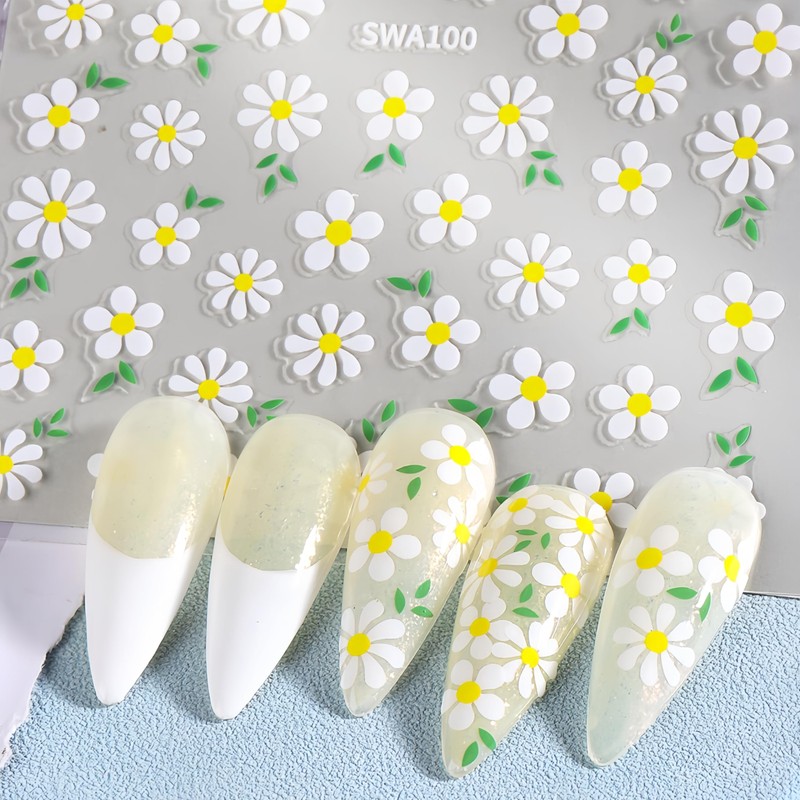 6 Sheets Cute Daisy Nail Stickers 3D Self Adhesive Embossed