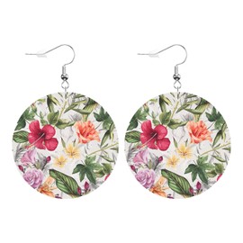 Swono Tropical Flowers Round Faux Leather Earrings for Women Watercolor Hibiscus Floral Leaves Pattern Lightweight Double-Side Printed Drop Dangle Earring for Birthday Party Gift
