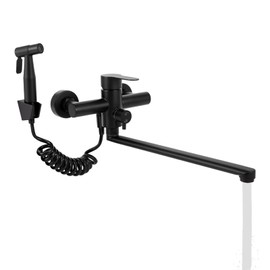 Wall Mount Kitchen Sink Faucet Black Commercial Faucet Wall Mounted Utility Sink Faucet with 360° Rotating 13.78inch Outlet Arm and Sprayer for Laundry Restaurant