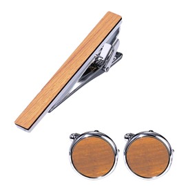 Cupimatch Manschettenknöpfe und Krawattenklammer Set: Vintage 1 Paar Runde Manchettenknoepfe und Krawattennadel Herren Holzschmuck Geschenk für Männer Vater Freund, Hellbraun