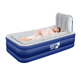 Get Fit Air Bed with Built in Electric Pump - Premium Twin Airbed - Quick Blow Up Bed with Headboard & Free Inflatable Pillow - Elevated Inflatable Air Mattress for Outdoor, Camping - Navy/White