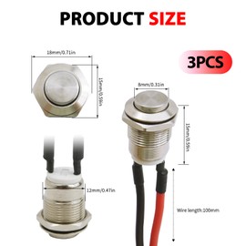 3 Pcs Prewired Momentary Push Button Switch 12mm Waterproof IP65 Latching Self-Locking Stainless Steel Push Button On Off 2A 12V/24V/125V/250V AC (High Head) for Car Trumpet Pc Home Doorbell
