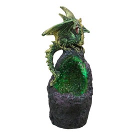Ebros Gift Metallic Green Gold Iridescent Meteorite Dragon Guarding Faux Geode Quartz Crystal Cavern Rock Figurine Wyrmling Collection Dungeons Dragons Druids Accent