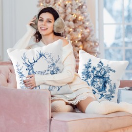YeiHe Chinoiserie Christmas Decor Pillow Covers 18x18 Set of 2, Vintage Blue and White Santa Reindeer Christmas Pillow Covers, Blue and White Christmas Decorations, Grandmillennial Christmas Decor