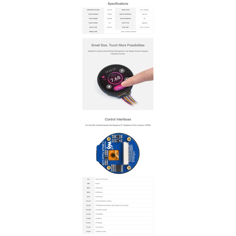 1.28 inch Round LCD with Touch Panel for Raspberry Pi