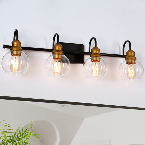 Bathroom Vanity Light, 4-Light Black Bathroom Light Fixtures with Oil Rubbed Bronze Finish, Modern Farmhouse Vanity Lights with Clear Globe Glass Shade (L 29.5" x W 7" x H 9")