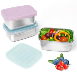 Tanjiae 3-Pack Stainless Steel Snack Containers for Kids & Toddlers - 550ml (18oz) Leakproof Reusable Food Containers with LFGB Certified Lids | Stackable Metal Lunch Box for Daycare, School, Travel