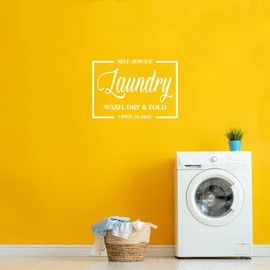 Vinyl Wall Art Decal - Self Service Laundry - 20" x 29" - Trendy Funny Lovely Quote Sticker for Home Bathroom Laundry Room Washing Space Laundry Business Storefront Decor (White)