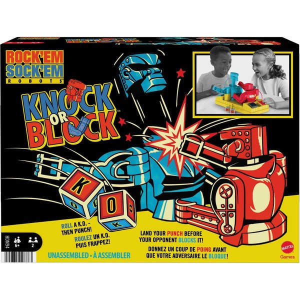 Mattel Games Rock ‘Em Sock ‘Em Robots Knock or Block Edition Boxing Game with Manually Operated Red Rocker and Blue Bomber Figures in Ring, Kids Gift​