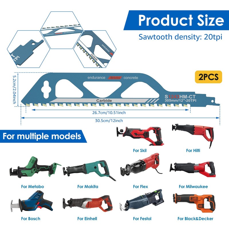 2Pcs Reciprocating Saw Blade 20TPI Hard Alloy Reciprocating Sawblade Wear
