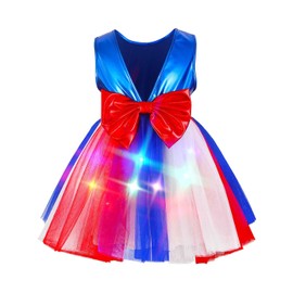 DRESBE Girls 4th of July Dress Red White Blue Light Up Patriotic Outfit Independence Day Costume for Kids
