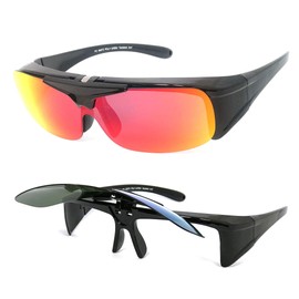 VeryHobby® Polarized FLIP UP FIT OVER Mirror Lens Sunglasses Cover Rx Glasses Side Shield (Shiny Black(Red Frie Mirror Lens))