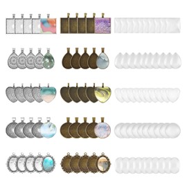 100 PCS Pendant Trays Cabochons for Jewelry Making, Pendants Bezels with Glass Cabochons for Resin Jewelry Making Memorial Photo Necklace Wedding Graduation 5 Styles, Bronze, Silver