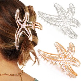BARTOSI Starfish Hair Claw Clips Gold Metal Hair Clips Large Sea star Claw Clips Pearl Hair Jaw Clamps Hair Accessories for Women and Girls (Pack of 2)