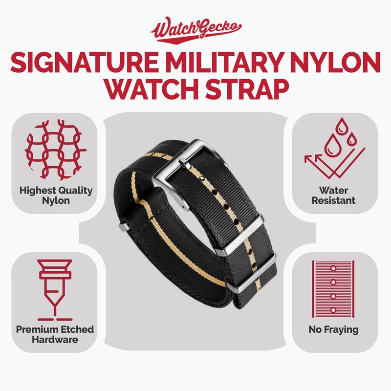 [WatchGecko] ウォッチゲコ スイスクオリティー・ミリタリーナイロン時計バンド －スタイリッシュ － 耐久性 ブラック＆ベージュ - 19mm