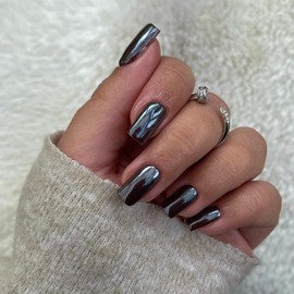 KQueenest Black Chrome Press on Nails Short Medium Square, Mirror Metal Plating False Acrylic Nails Press Ons, Metallic Fake Nails Medium, Natural Fit Glue on Nails Medium for Women in 24 PCS