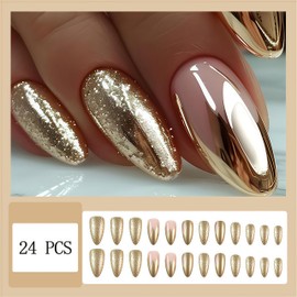 Gold French Tip Press on Nails Almond Medium with Golden Tips Glitter French Design Acrylic Artificial Reusable Fake Nails for Women Finger Manicure DIY Decoration Set 24pcs