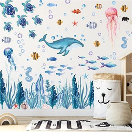 HOTIYOK Whale Wall Sticker, Sea Fish, Turtle, Deep Sea Fish, Wall Sticker, Jellyfish, Saltwater Fish, Seaweed, Coral, Wallpaper, Stylish, Sea Animals, Seaweed, Children's Room, Swimming Pool, Mother