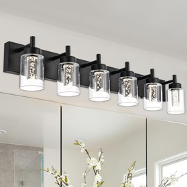 VINLUZ LED Bathroom Vanity Light Fixtures, 6 Light Indoor Wall Sconces Lighting with Clear Glass Shade and Crystal Bulb Black Lights for Mirror, Kitchen, Living Room, Gallery(LED Bulbs Included)