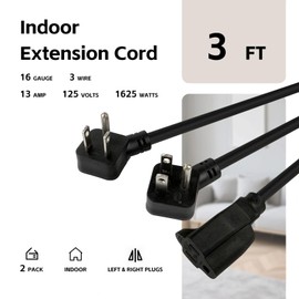 EP 16/3 3 Ft Flat Plug Short Extension Cord, Angled 90° Plug, Black