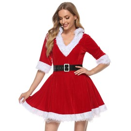 Springcmy Womens Mrs Santa Claus Costume Fancy Dress Xmas Outfit Velvet Hooded Cosplay Dress