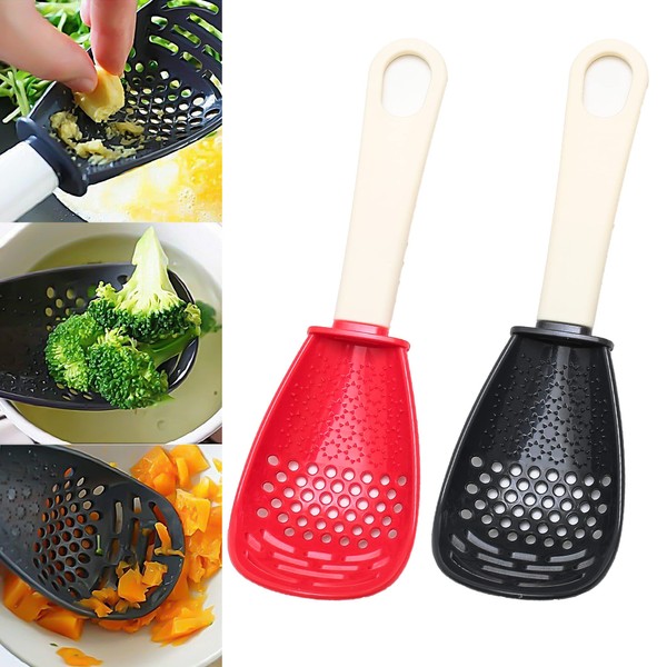 2PCS Multifunctional Cooking Spoon,Plastic Spoons,Kitchen Tools,Cooking Utensil,Slotted Spoon for Kitchen Cooking Mashing Grating Garlic,Egg White Separator,Skimmer Colander Strainer (Red+Black )